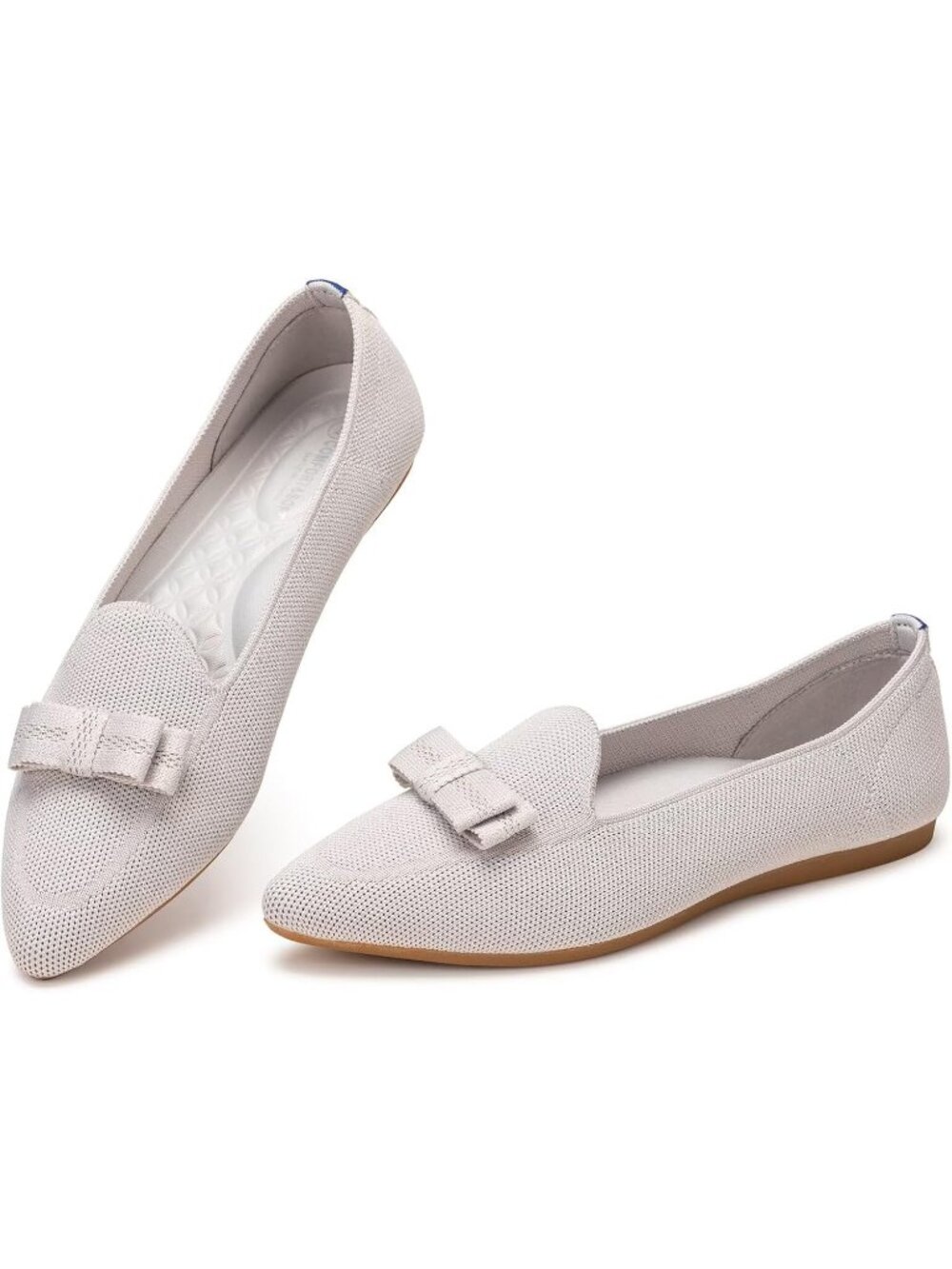 Women's Grey Elegant Pointed Toe Knit Fabric Lace Up Washable Loafer Flat Shoes